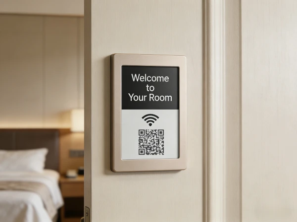 E-ink electronic shelf label mounted on a hotel room door plate displaying guest welcome message